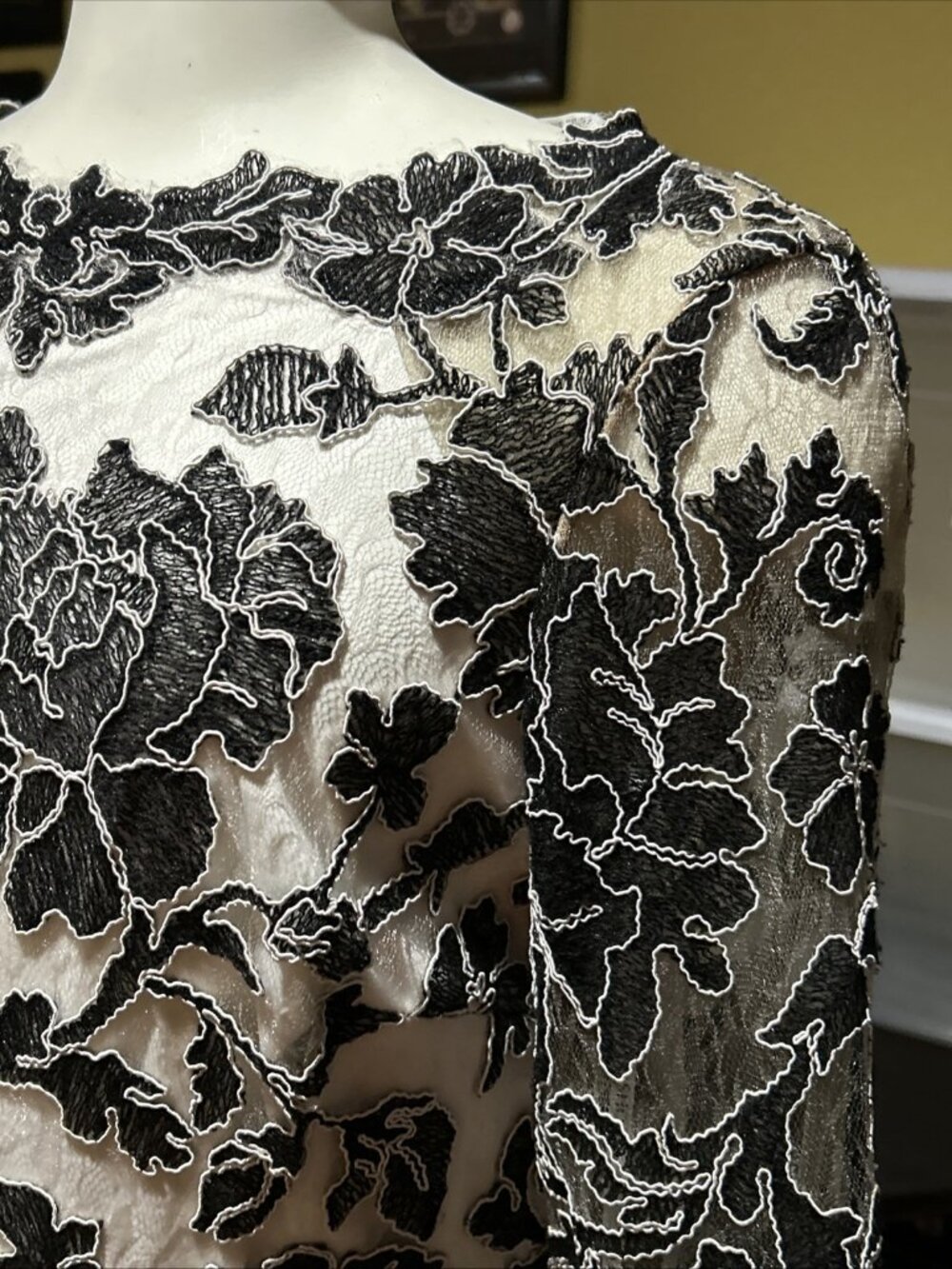 Tadashi Shoji Dress Peony Embroidered Lace Stretch Dress Black Ivory Nude 6 New - Picture 8 of 14